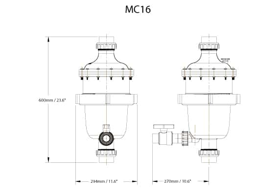 Dimensions Préfiltre centrifuge Multicyclone 16